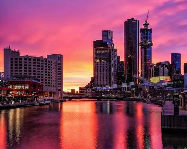 Sunset view of Crowne Plaza Melbourne on the Yarra riverside